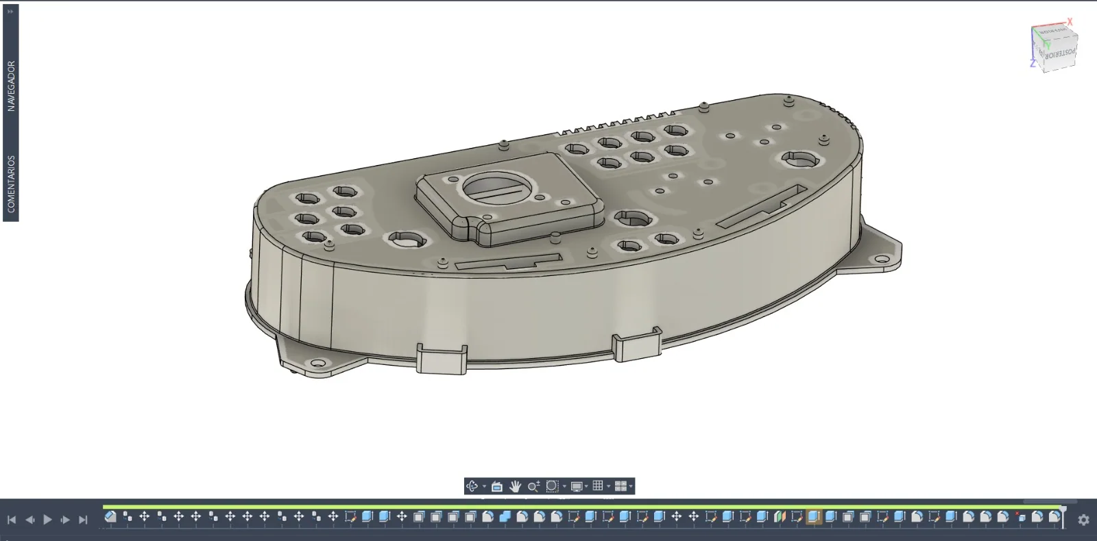 Modelo CAD frontal de un panel automotriz