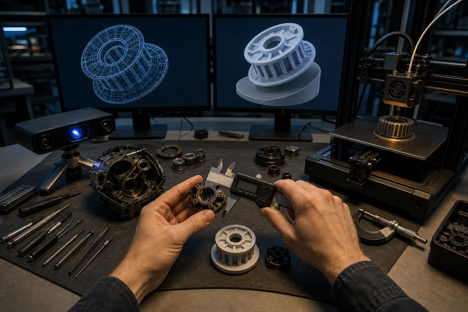 Visual conceptual de medición, modelado e impresión de una pieza